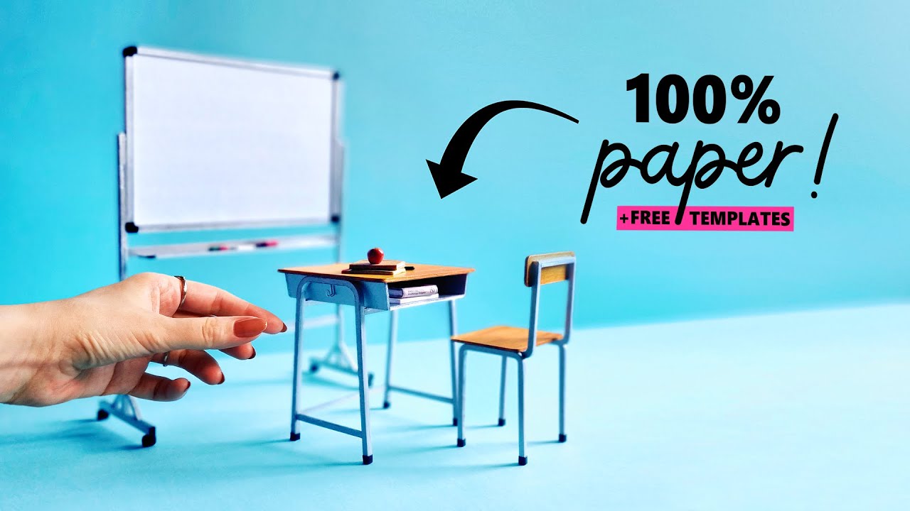 Miniature CLASSROOM SET (Whiteboard + Desk + Chair) for CHELSEA & BARBIE dolls! Paper Dollhouse DIY