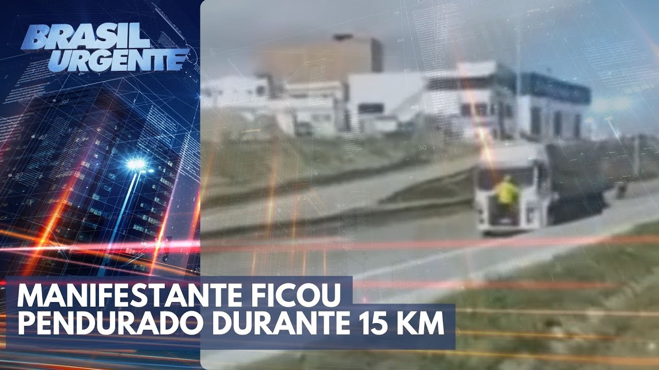 Manifestante tenta bloquear carreta e fica pendurado