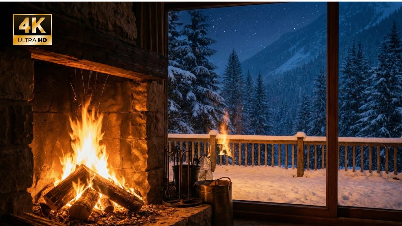 Crackling Fireplace with Mountain Snowfall ❄️🔥 | Cozy Snowy Cabin Ambience for Deep Sleep (4K)