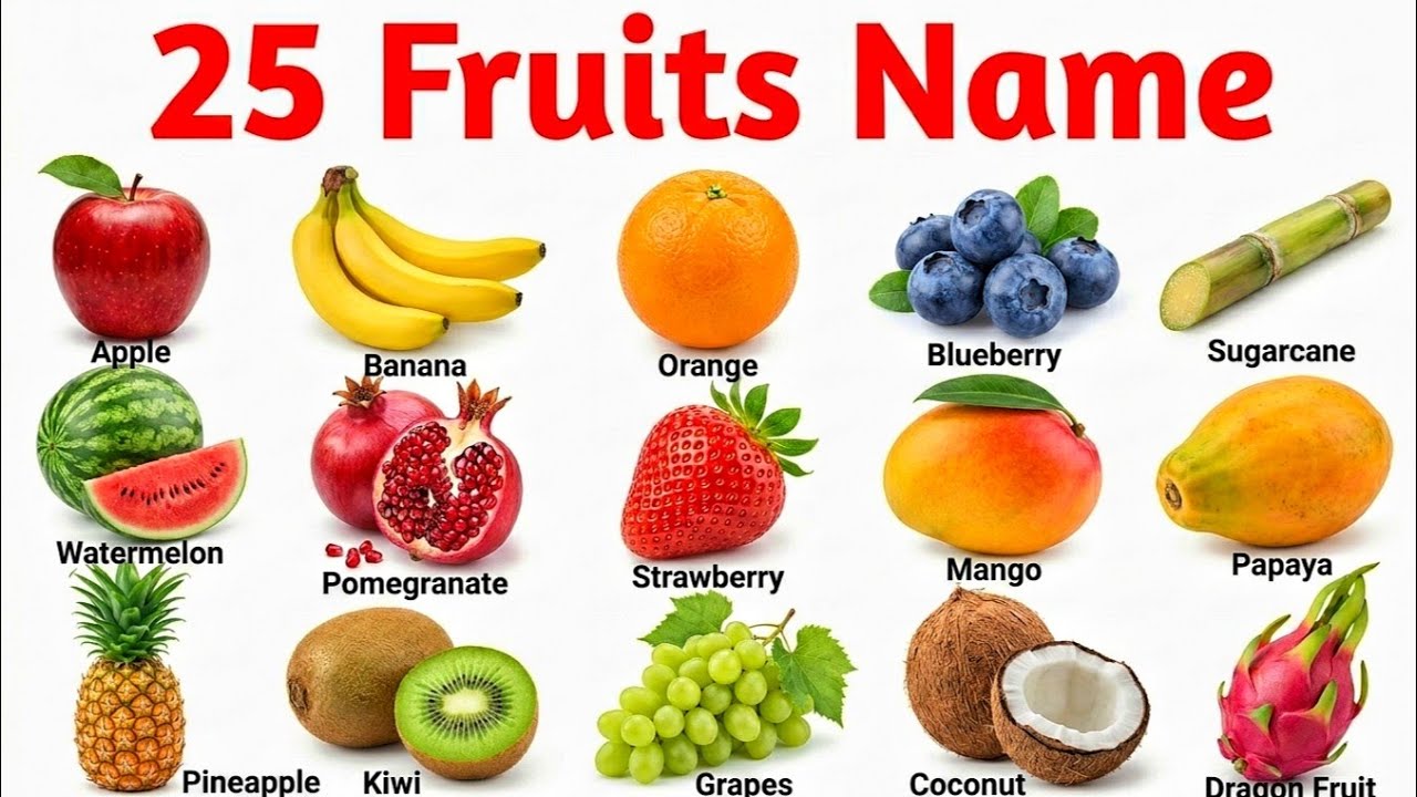 25 फलों के नाम | 25 Fruit Name English to Hindi | Fruits Name for Nursery LKG UKG Educational Video 