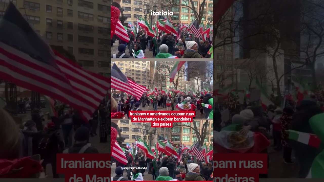 IRANIANOS E AMERICANOS OCUPAM RUAS DE MANHATTAN E EXIBEM BANDEIRAS DOS PAÍSES
