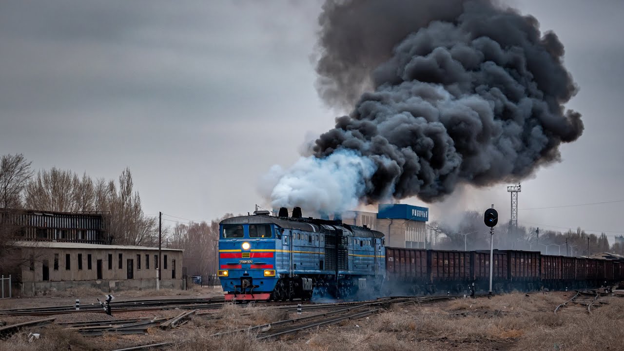 Diesel locomotive 2TE10M-3676 with black smoke reaching to the sky departs with a freight train -1.