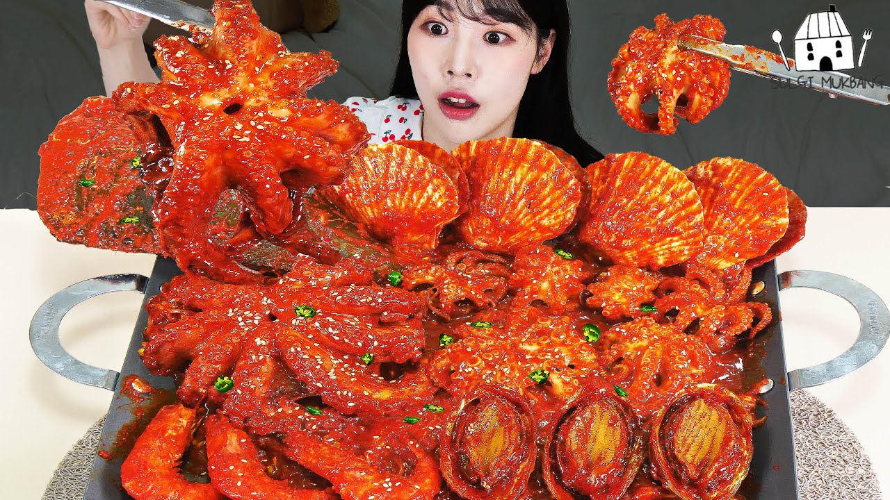 ASMR MUKBANG | Острые тушеные морепродукты (осьминог, гребешок, панцирь, креветки, морское ушко)