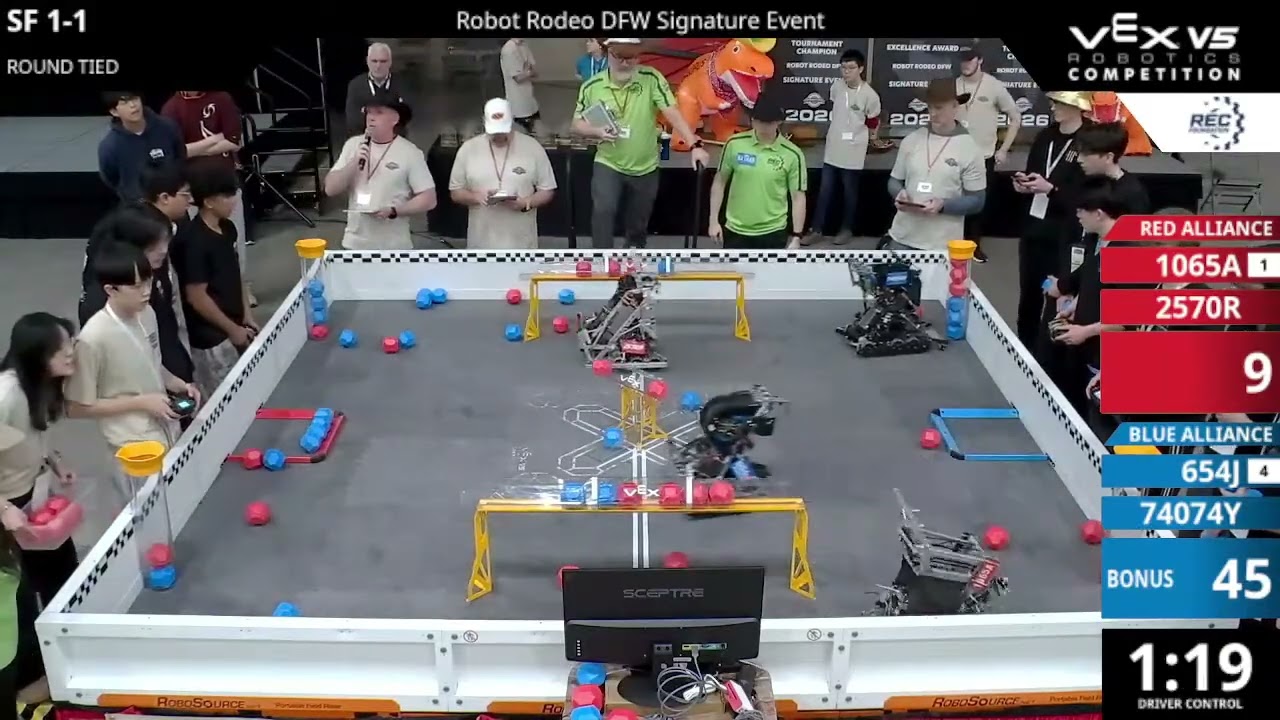 Robot Rodeo DFW : Division 1 - SF #1-1 - 1065A & 2570R vs 654J & 74074Y - Auton + Driver
