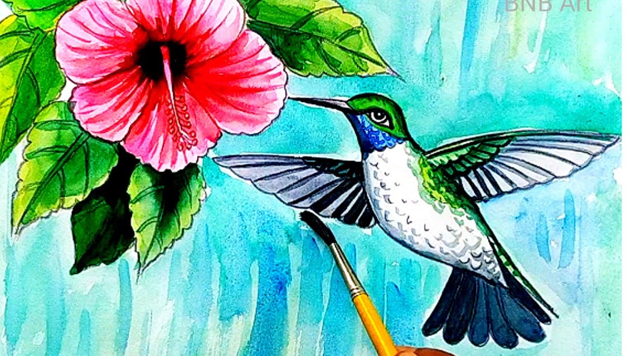 Hummingbird Drawing with Watercolor / How to Draw Hummingbird / Easy Painting for Beginners