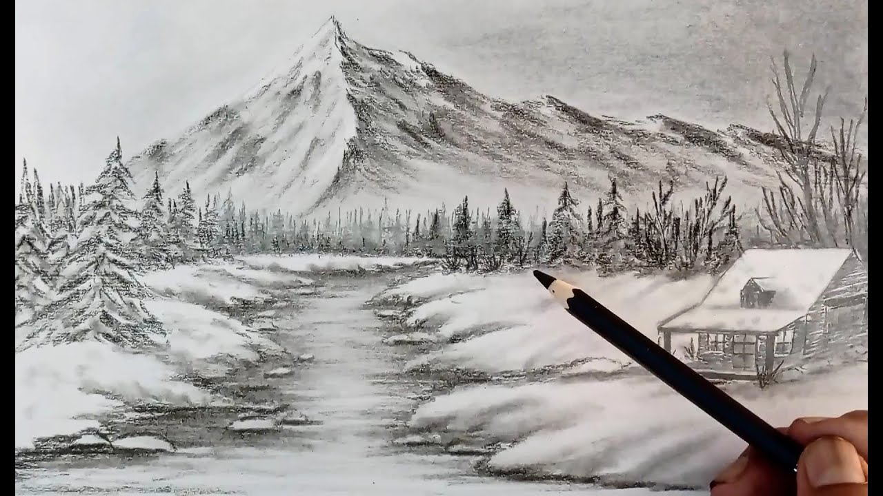 Winter season landscape drawing easy/ Snowfall landscape scenery drawing easy/