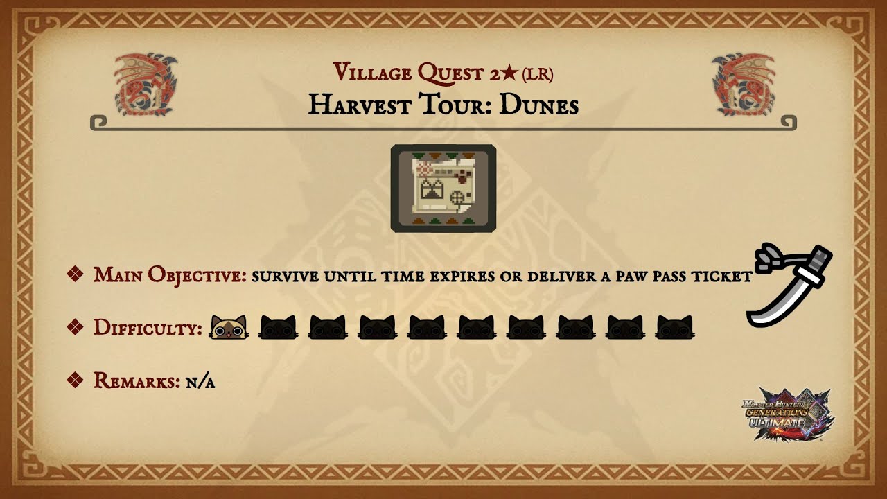 MHGU | Village 2★ - Harvest Tour: Dunes: Deliver a Paw Pass Ticket [Guild Style - Long Sword - Solo]