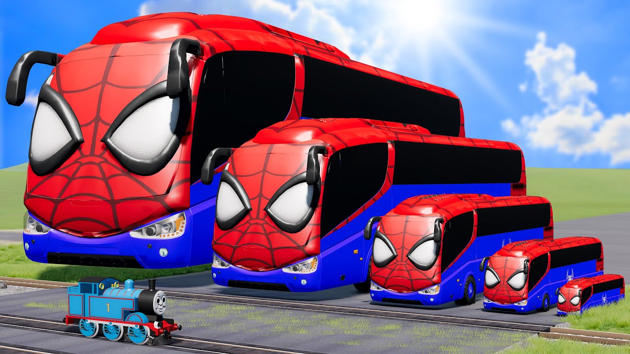 Big & Small Bus Spiderman vs Train Thomas | BeamNG.Drive
