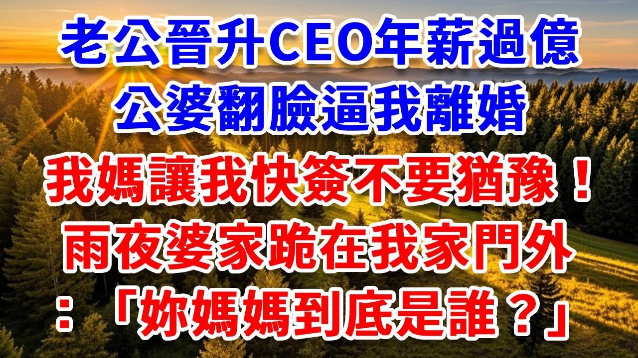 老公晉升CEO年薪過億，公婆翻臉逼我離婚，我媽讓我快簽不要猶豫！雨夜婆家跪在我家門外：“妳媽媽到底是誰？”#思妤說故事#為人處世#生活經驗#情感故事#晚年哲理#說故事#完結文#原創故事