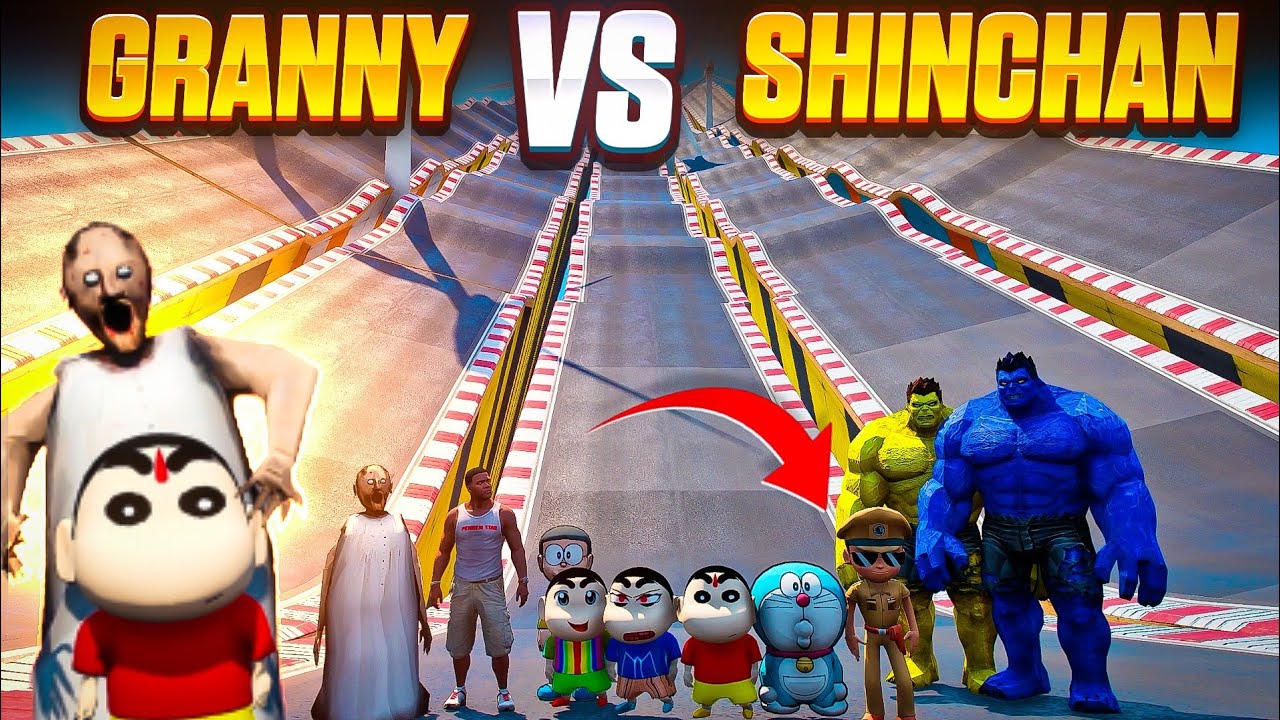 Granny Mega Speed Brake Ramp Challenge With Shinchan Pinchan Doraemon & Little Singham😱 Full Sad😭