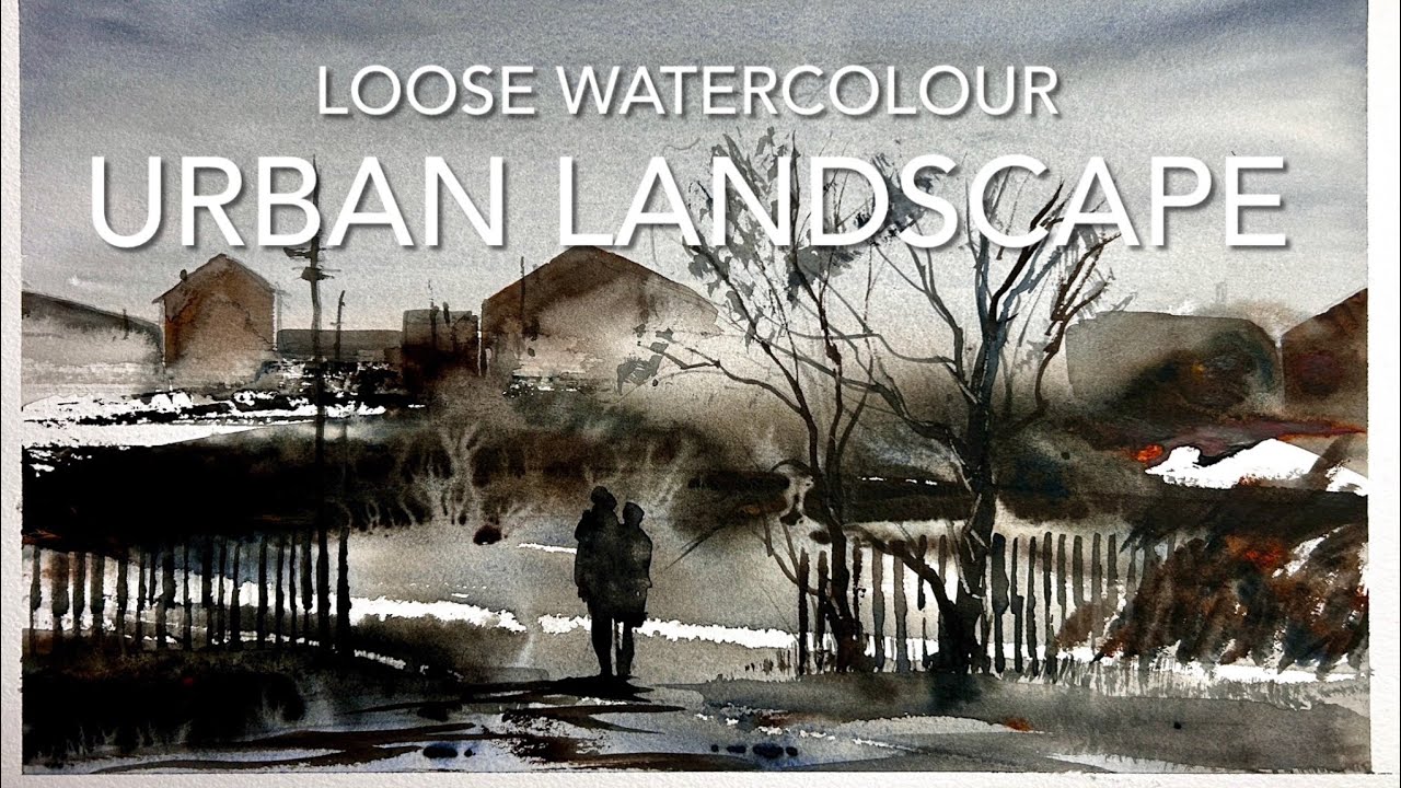 SIMPLE ABSTRACT URBAN Watercolour Landscape PAINTING, 5 COLOURS Winter Loose Watercolor Techniques