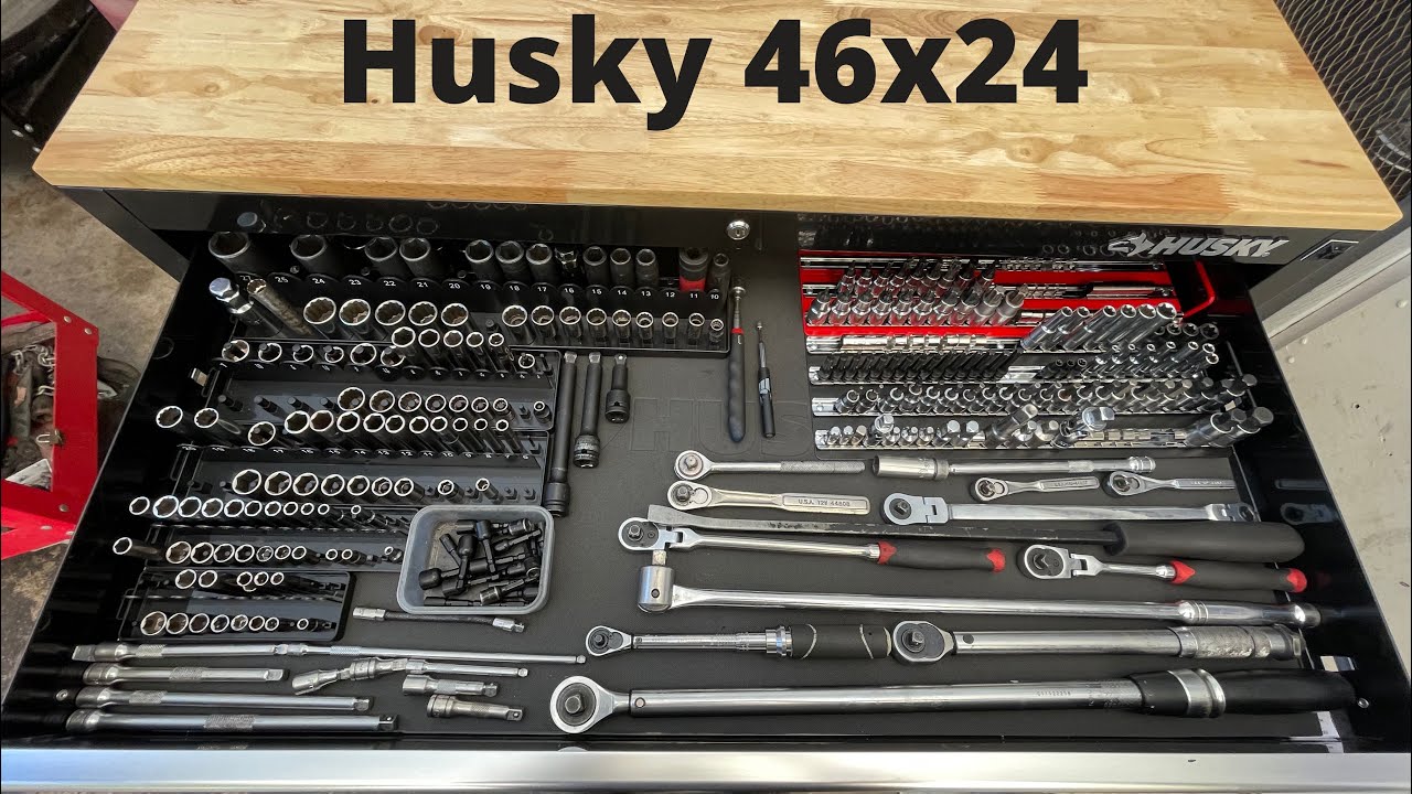 Черный ящик для инструментов Husky размером 46x24 дюйма с девятью ящиками. Организация ящика для ...