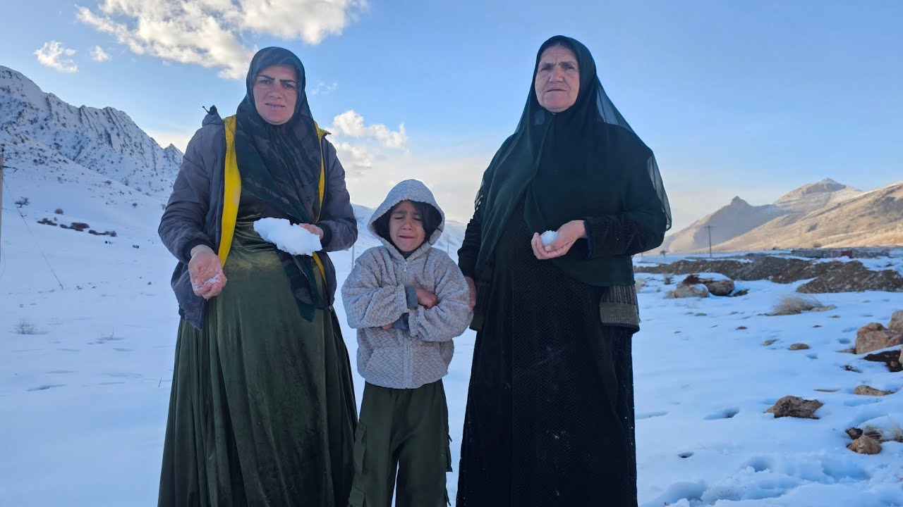 Mother takes our homeless girl to the mountains for snow games and slides on a snowy day