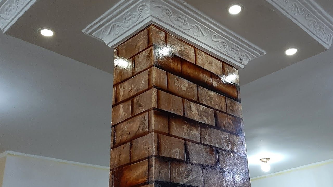 بمعجون الجدران تغليف عمود عريض في ريسبشن بشرائح الرخامmarble 3d