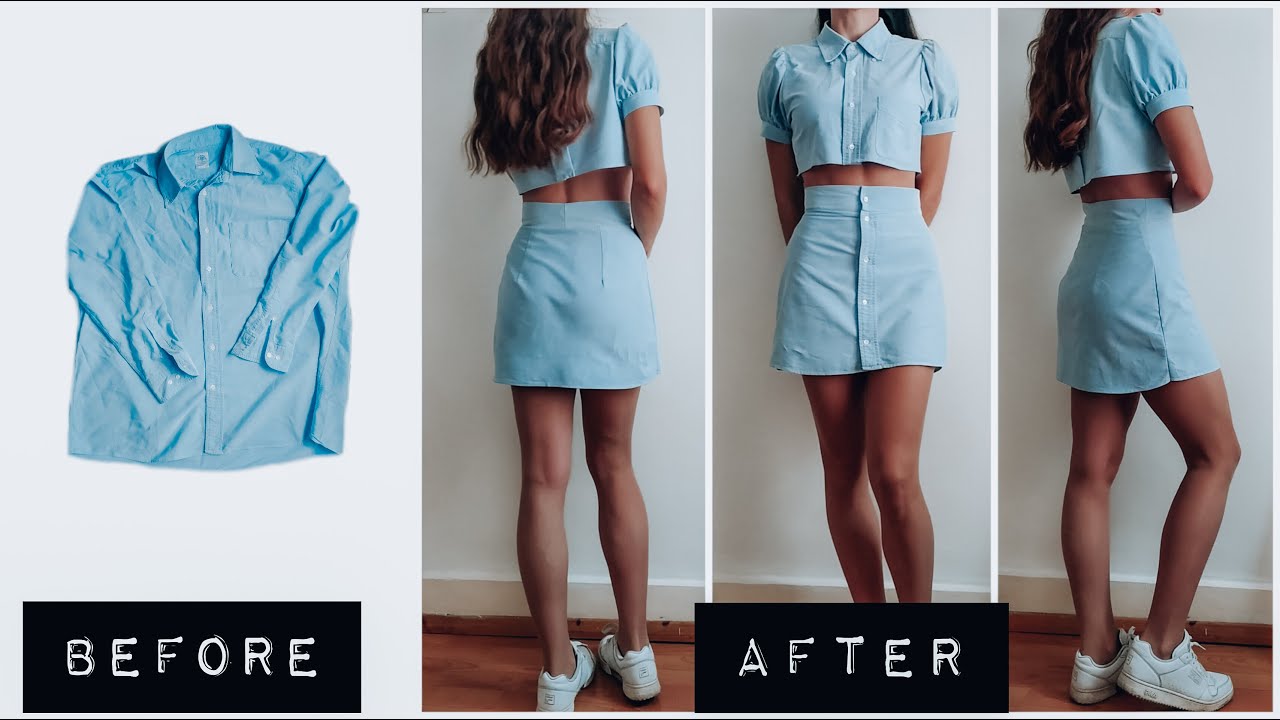 DIY - How to turn an old SHIRT into a 2 PIECE OUTFIT (Cropped Shirt +  Skirt). Fashionable outfit.