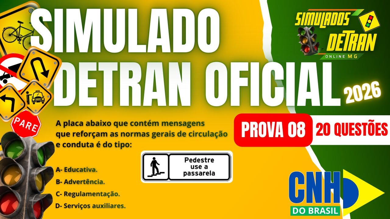SIMULADO DETRAN OFICIAL 2026  - PROVA 08 - COM DICAS #simuladodetran2026 #detran2026   ✅