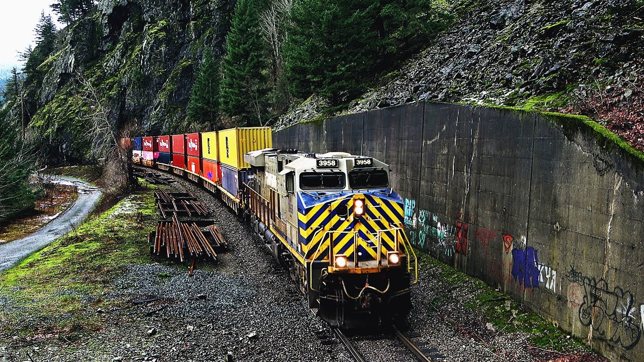 HUGE FREIGHT TRAINS THRU THE DOUBLE TUNNELS ALONG THE FRASER CANYON!