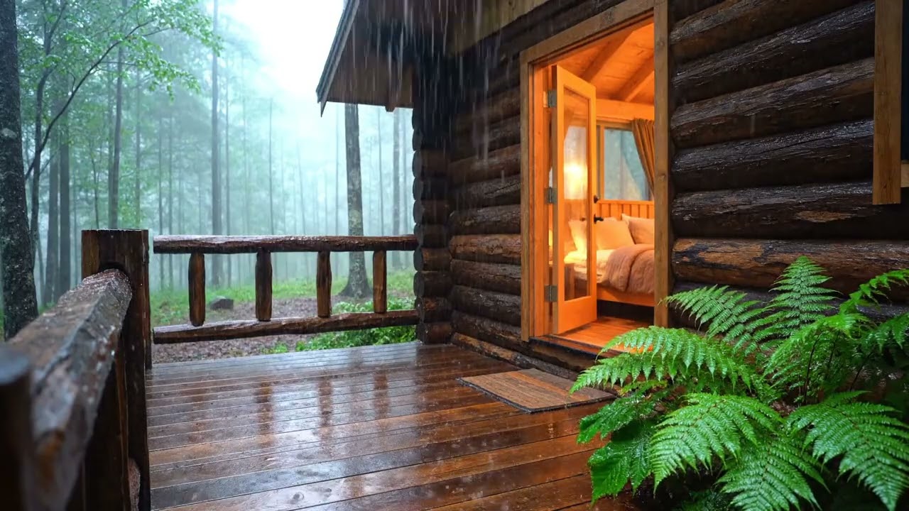 Soothing Heavy Rain ASMR | Warm Cabin Light in a Dark Rainy Forest