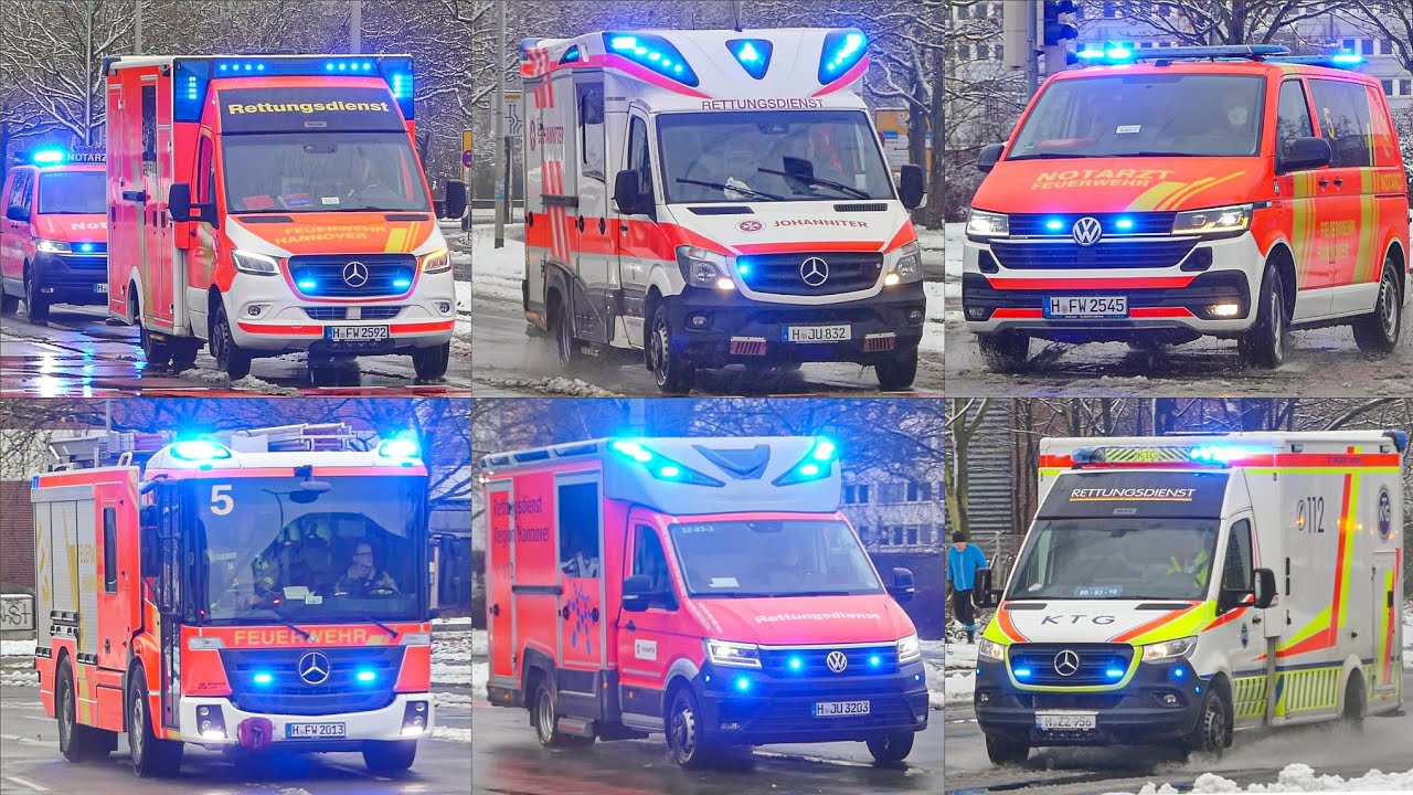 [SCHNEE CHAOS HANNOVER] HLF, NEFs, Region RTWs.. Einsatzfahrten an der Feuer und Rettungswache 5