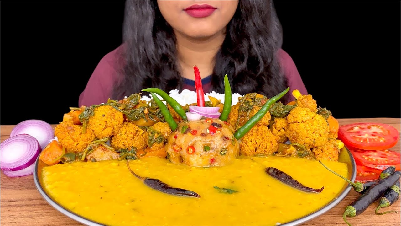 EATING DAAL RICE GOBI PALAK FRY SPICY ALU BHARTA | ASMR | MUKBANG | 