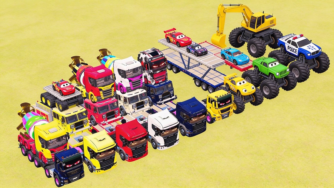 Triple Flatbed Trailer McQueen Transportation with Truck - Speedbumps vs Cars vs Train - FS22 #37