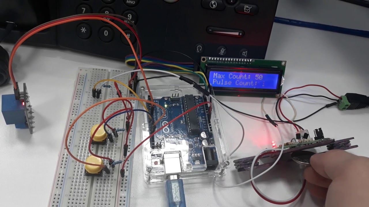 Pulse Counter with Relay Switch (ON/OFF), Max Pulse Count Re-settable and Start Counting button.