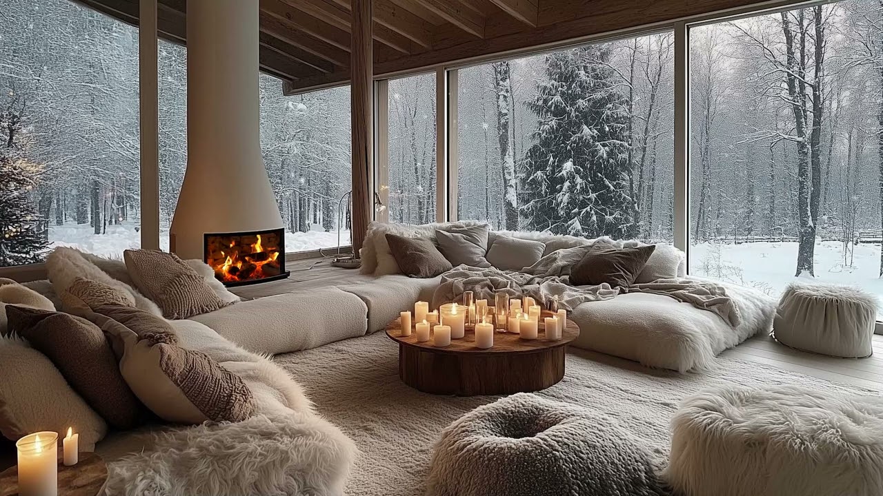 Peaceful Piano Soundscape with Warm Firelight and Snow Outside for Total Relaxation