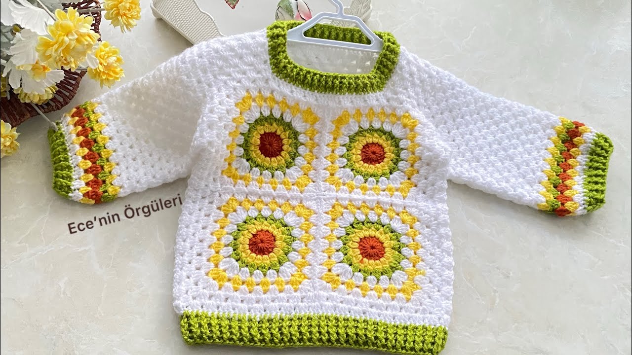 🌼Easy Motif Crochet Baby Sweater Pattern/Tığ işi Kolay Motifli Bebek Kazak / 1 yaş