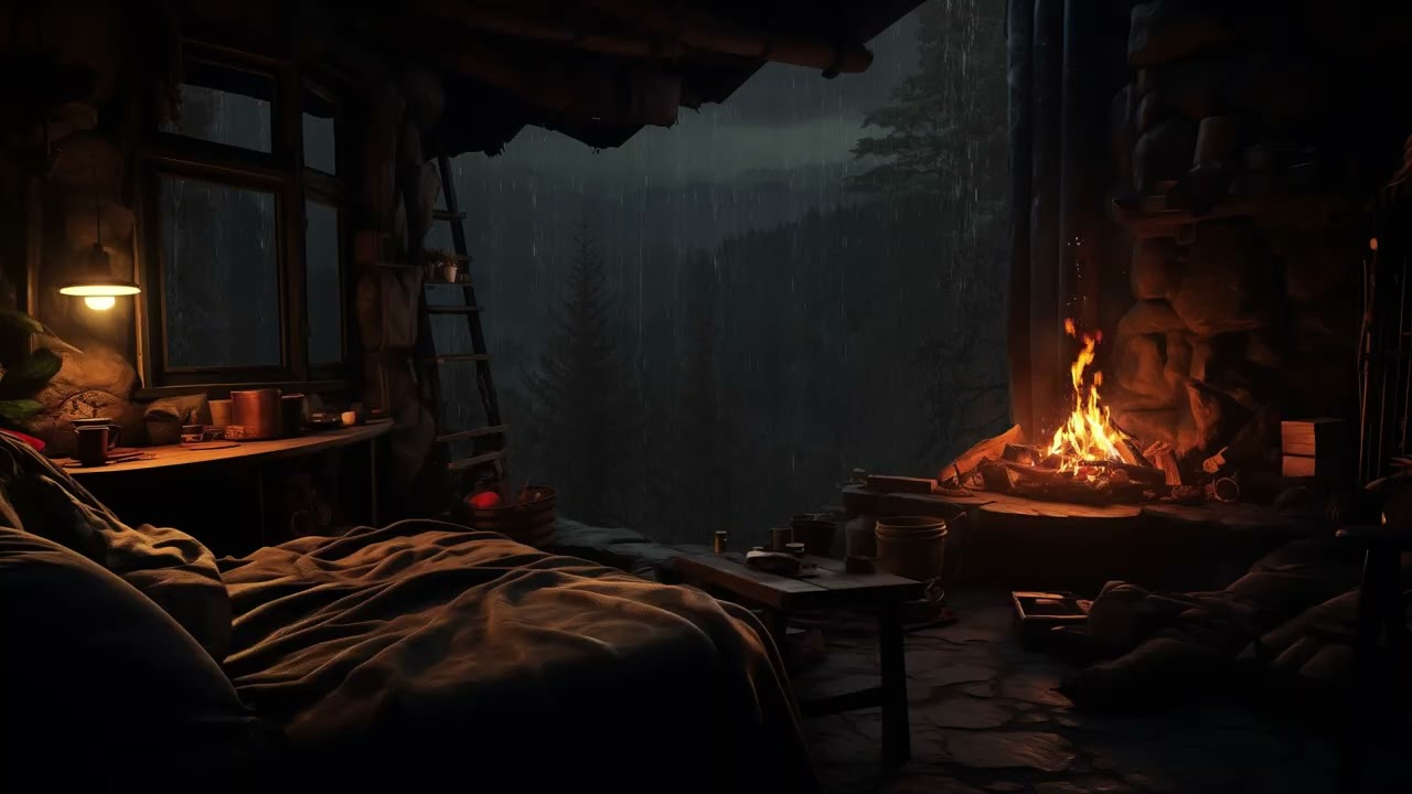 Heavy Rain Outside a Forest Cabin (No Ads) 🌧️ Cozy Fireplace Sounds for Deep Sleep