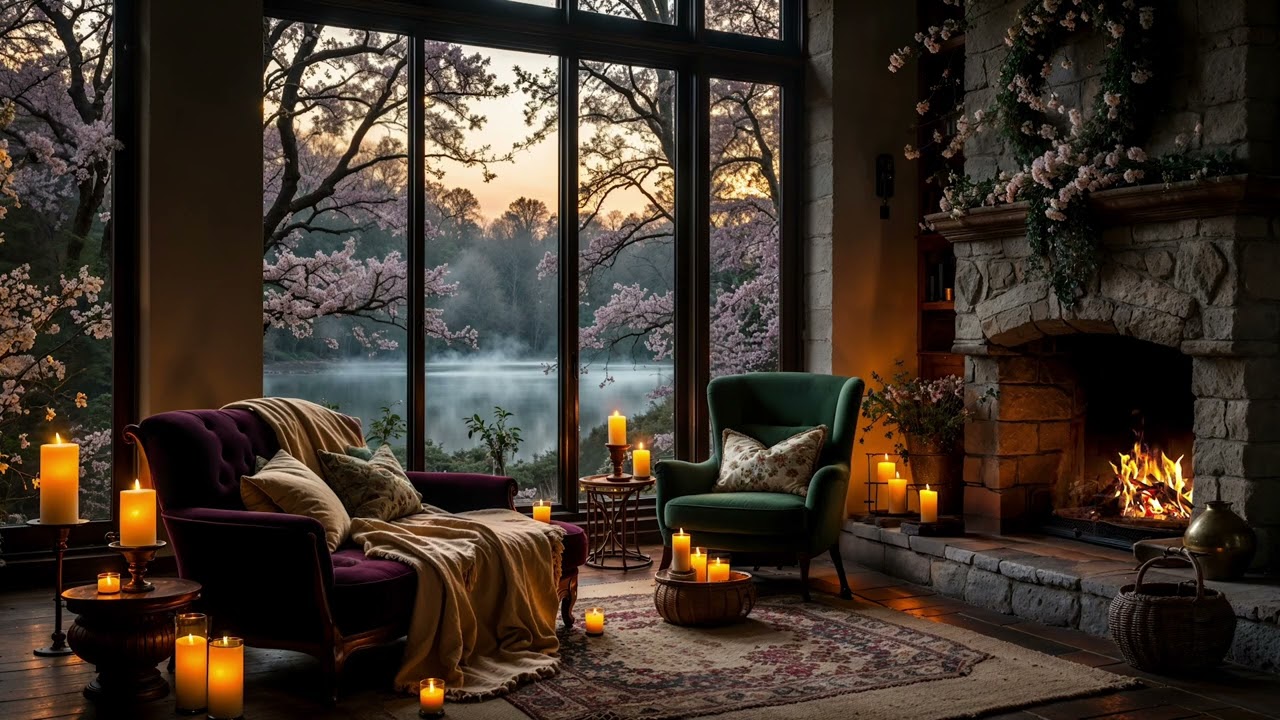 Evening Bloom & Fireplace Glow 🌙 Relaxing Spring Night Ambience for Calm & Comfort