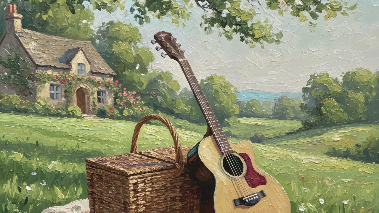 Garden Guitar Cottagecore Picnic TV Art UHD Silent Screensaver Wallpaper 2 Hours Painting Background