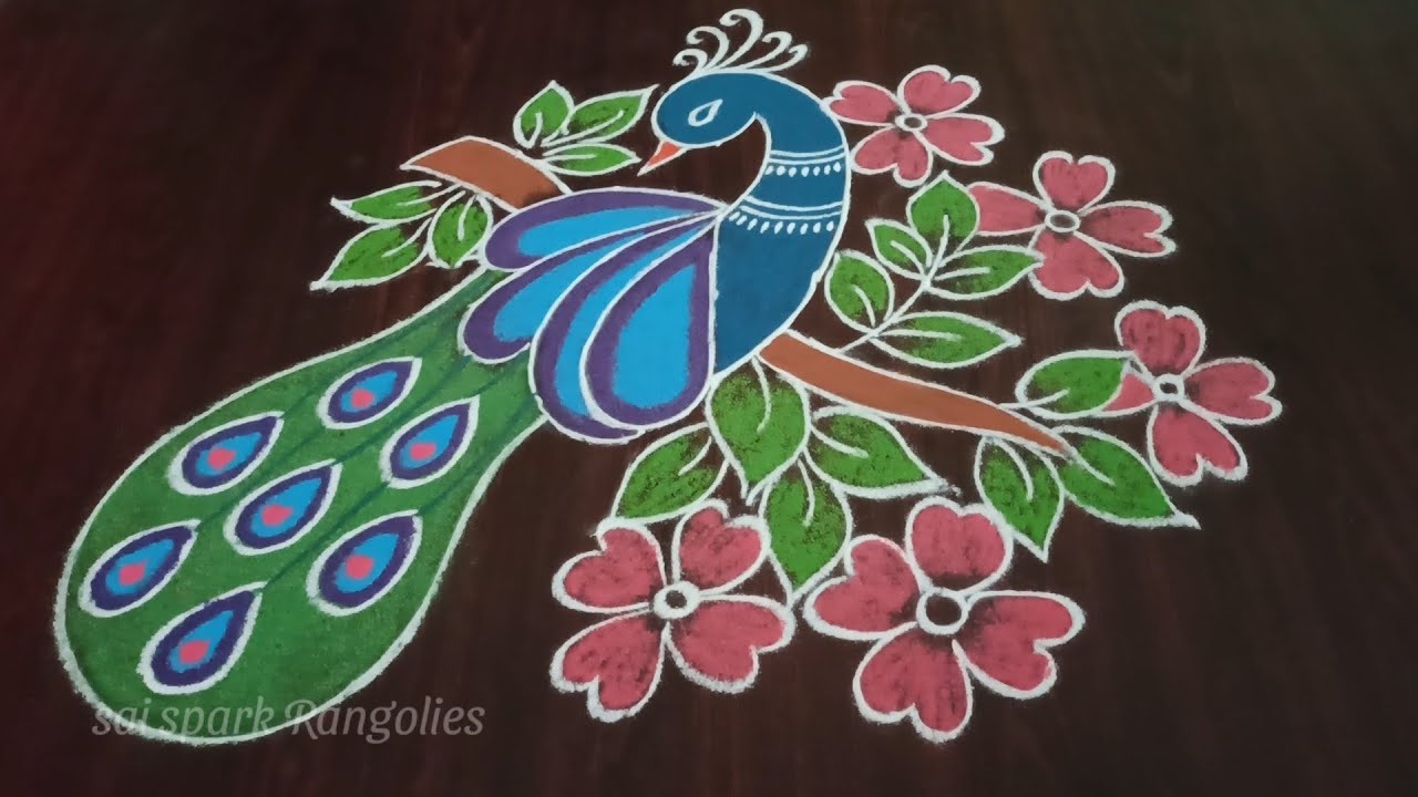 colourful peacock rangoli | flowers with peacock kolam |simple peacock kolam @saisparkrangolies