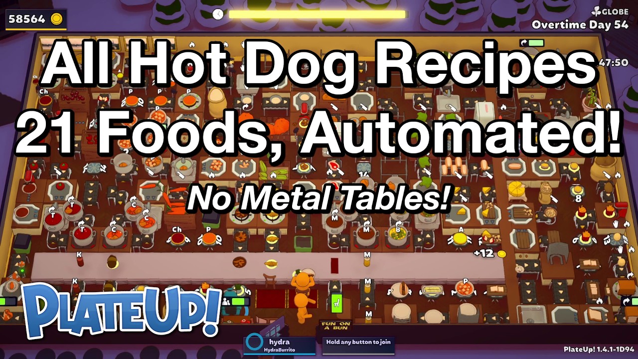 All Hot Dog Recipes, 21 Foods, Automated! No Metal Tables! - Solo Day 1 to OT54 - PlateUp!