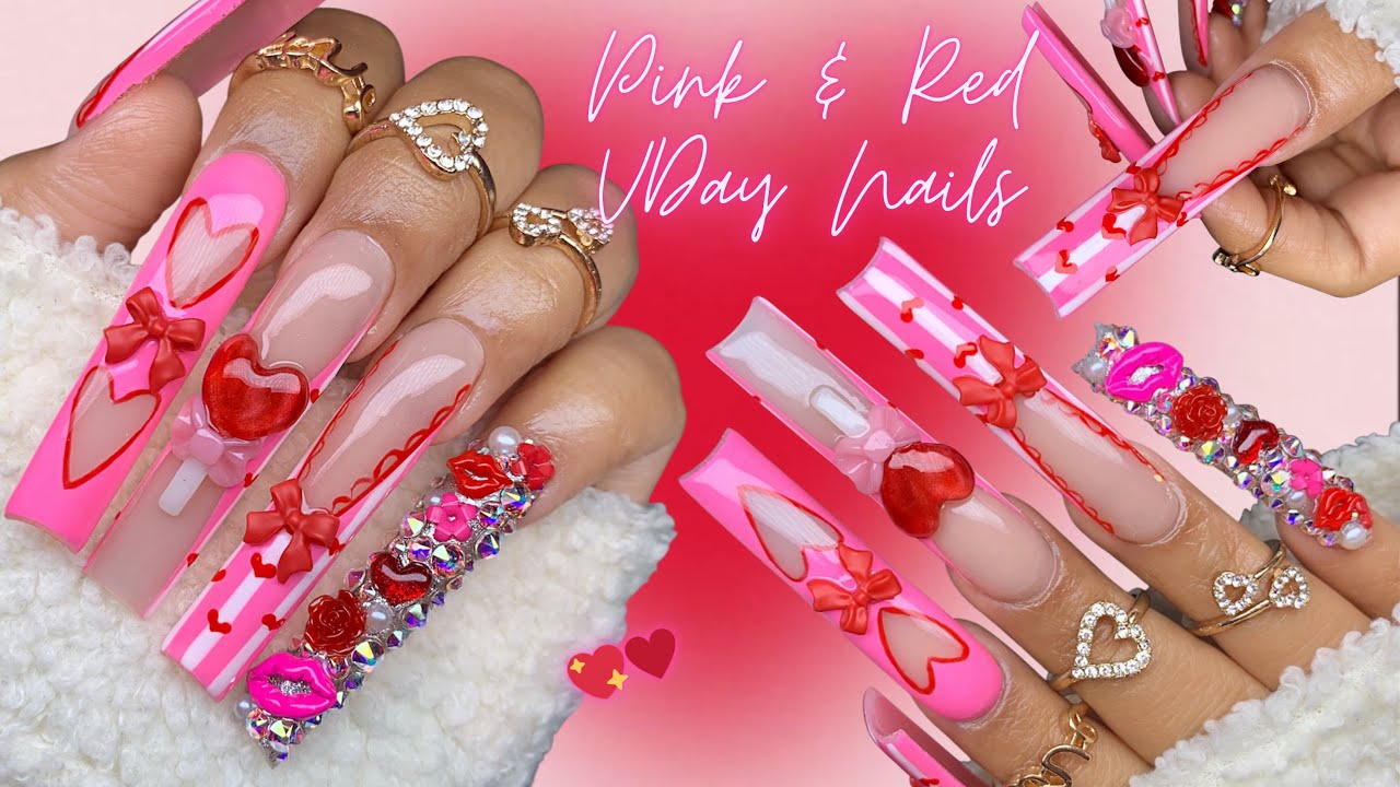 PINK & RED VALENTINE  ACRYLIC NAILS💌 ♥️💖/ TRENDING VDAY GEL NAIL ART
