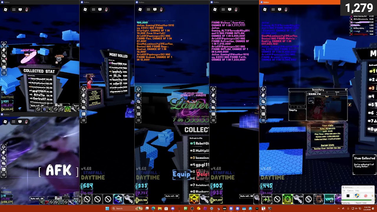 afk overnight (AND AT SCHOOL)  on sols rng eon 1-15 (6 accs... my pc is so friend) (ball fluff luck)