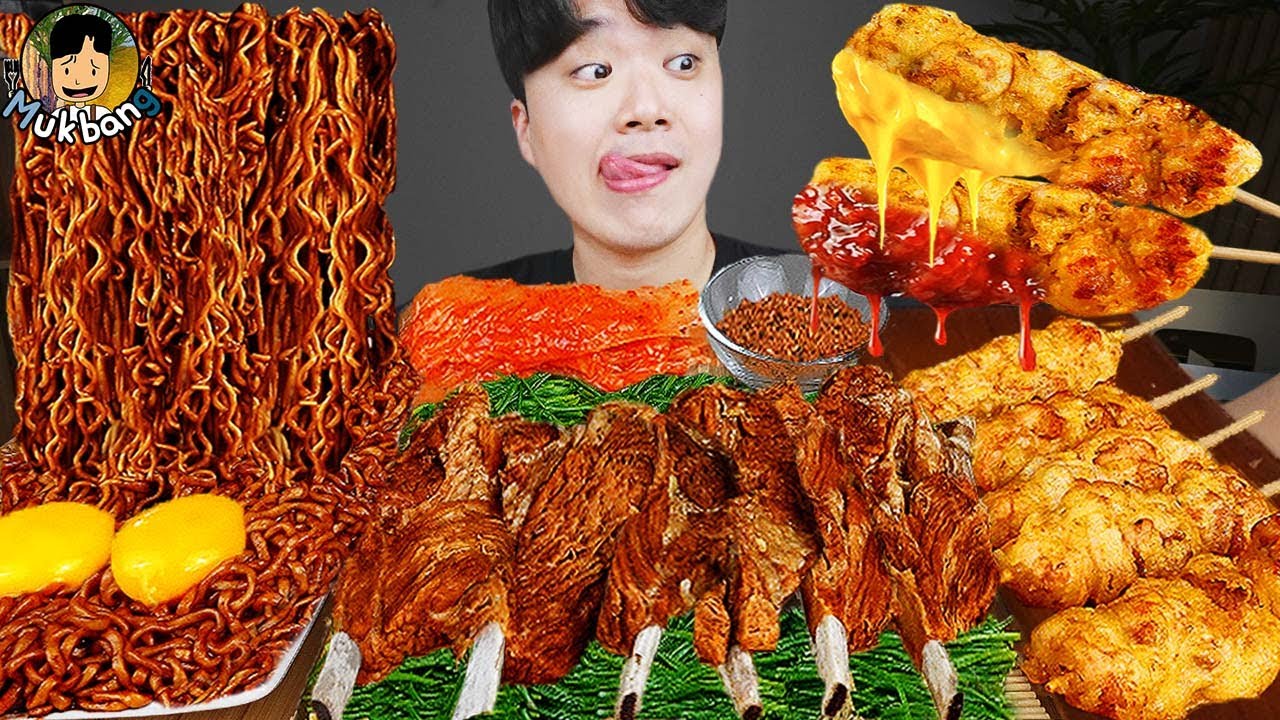 ASMR MUKBANG | Жареный цыпленок, стейк, лапша с черной фасолью, кимчи Корейская еда