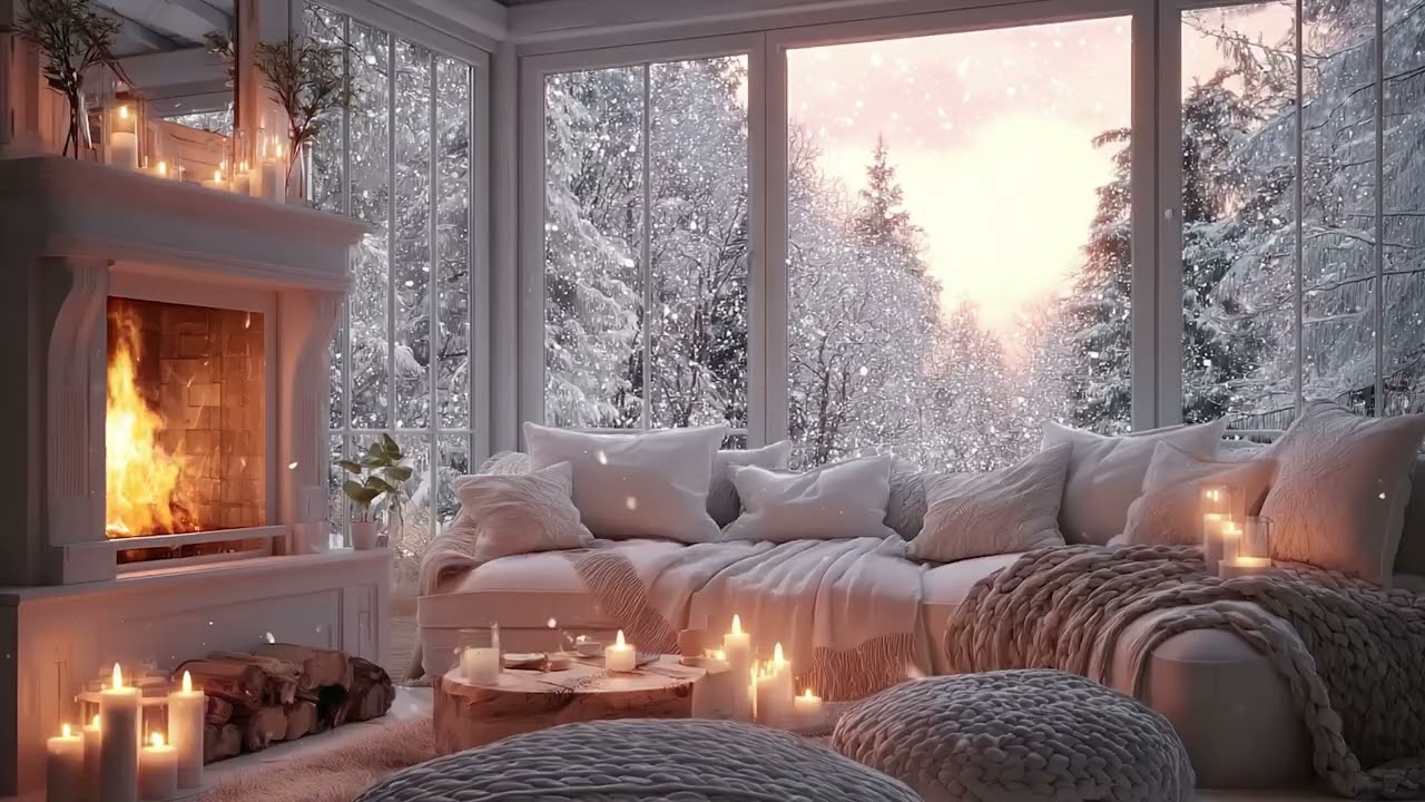 3 Hours Soft Piano with Fireplace | Quiet Snowfall, Stress Relief Sleep