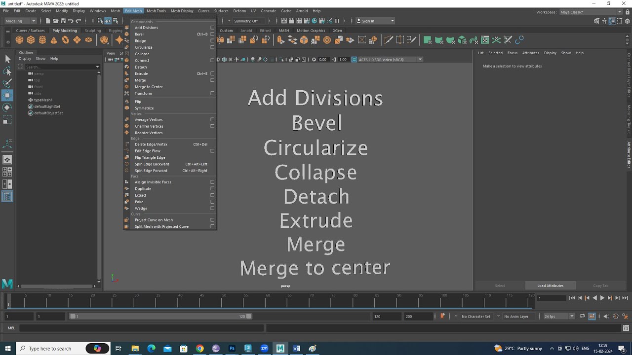 MAYA Edit mesh tools   Add Divisions, Bevel, Circularize, Collapse, Detach, Extrude, Merge