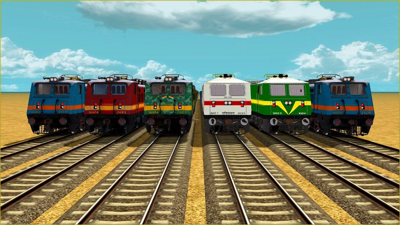6 ELECTRIC TRAINS CROSSING LINE UP ON EACH TRACK-BUMPY FORKED RAILROAD CROSSING TRACK Train 2022