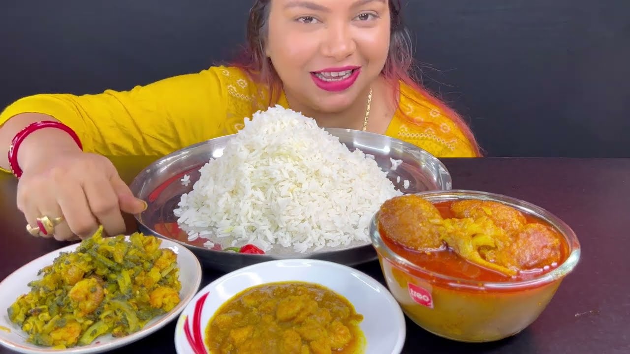 Bigbites, Eating Rice With Chingri JHAL,Duck Egg Curry With Cauliflower ।।