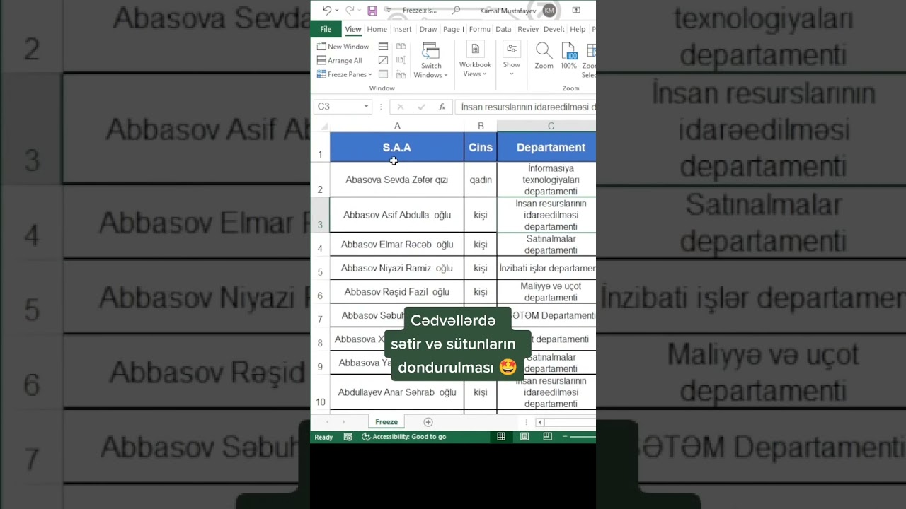 Freeze top row and column in #excel - Excel-də yuxarı sətir və s&uuml;tunu dondurun