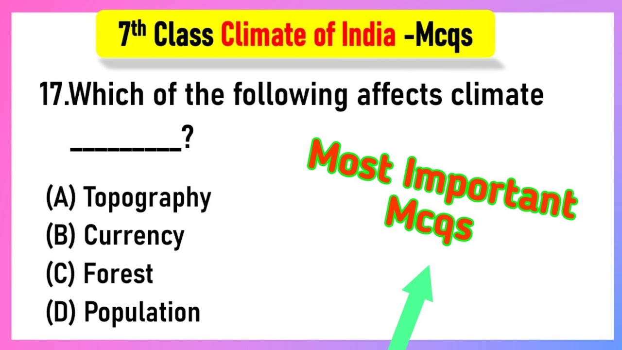 Climates of India Class 7 MCQ Questions SST Chapter 3 | climate of india class 7 mcq