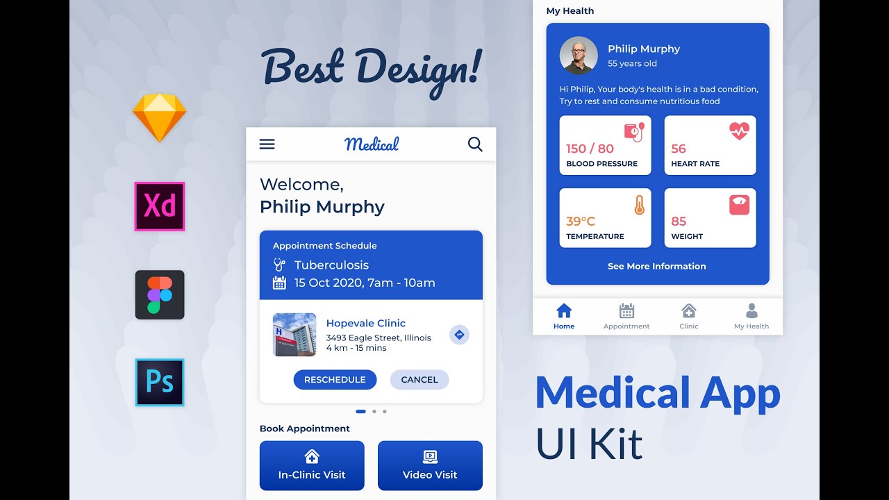 Medical App UI Kit Template - Sketch, Figma, Photoshop and Adobe Xd File Design