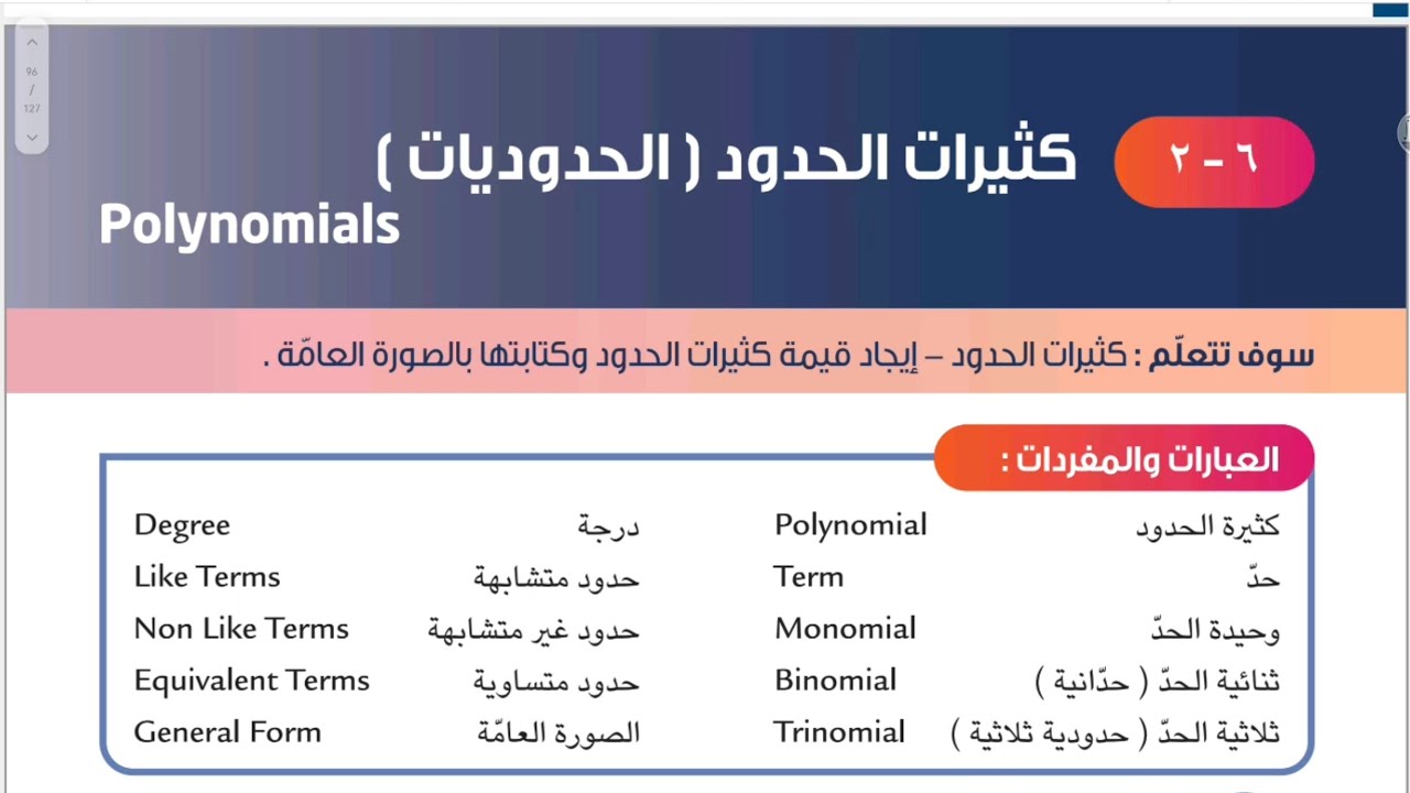الصف الثامن المنهج الجديد فصل ثاني بند ٦-٢ كثيرات الحدود (الحدوديات) #الشريف_بيفرق #ثامن #رياضيات 