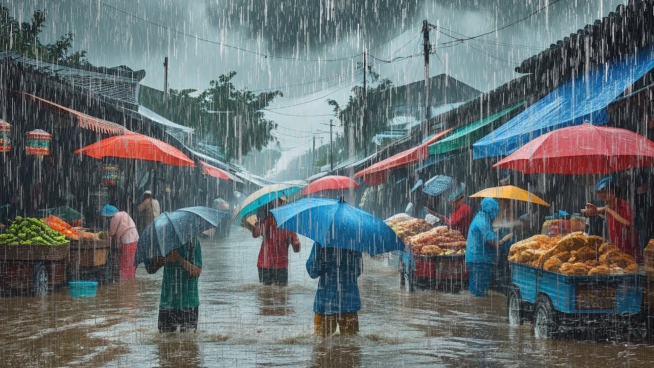 Heavy rain and flooding on the streets of traditional Indonesian markets|goodbye insomnia