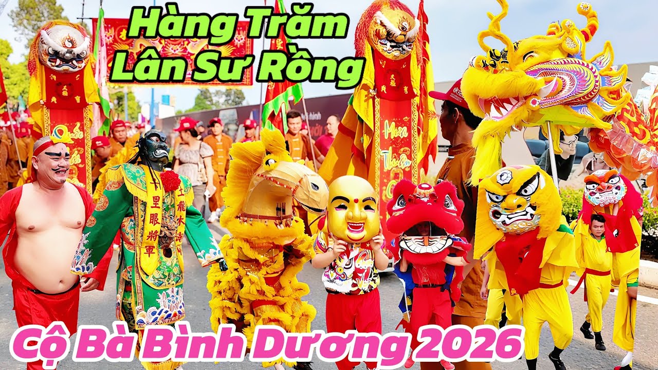 Hàng Trăm Lân Sư Rồng diễu hành cộ Bà Thiên Hậu Bình Dương mùng 9 tết 2026