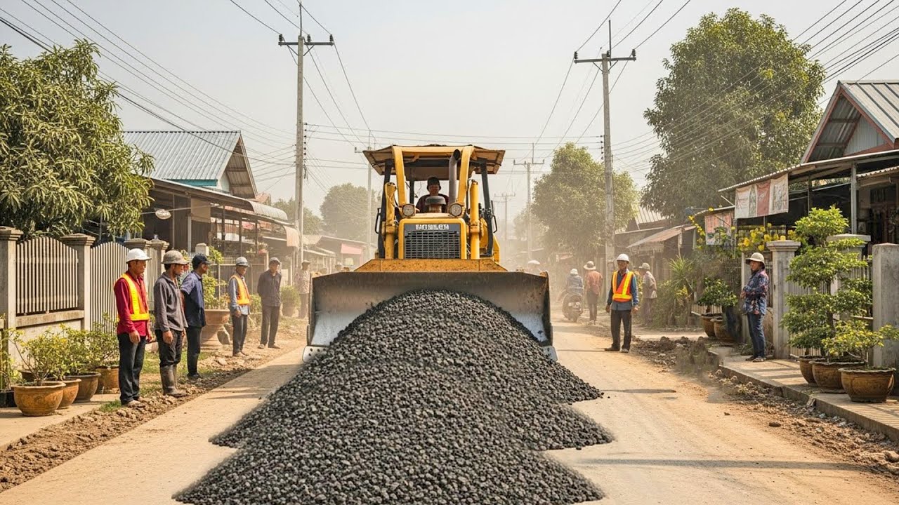 Village Road Construction as Residents Look On, Bulldozer Spreading Gravel Through a Rural Community