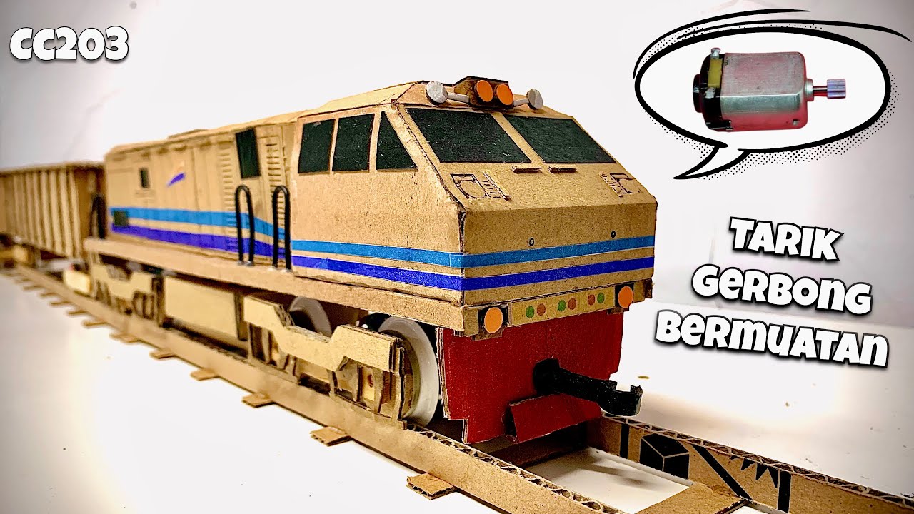 Cara Buat Miniatur Kereta Api dari Kardus | Lokomotif CC203 Bermesin | Menarik Gerbong Bermuatan
