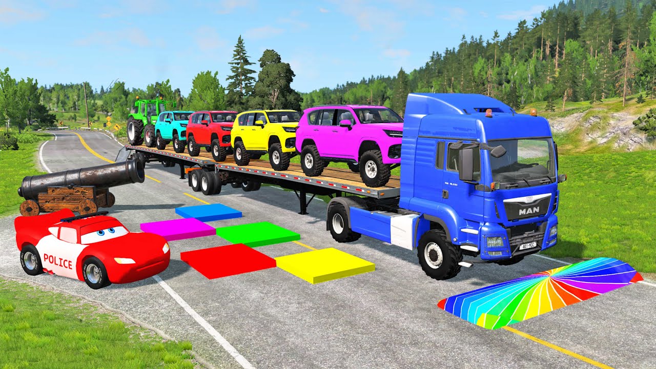 Flatbed Truck McQueen | Transportation with Truck - Pothole vs Car #52| BeamNG.Drive Gameplay