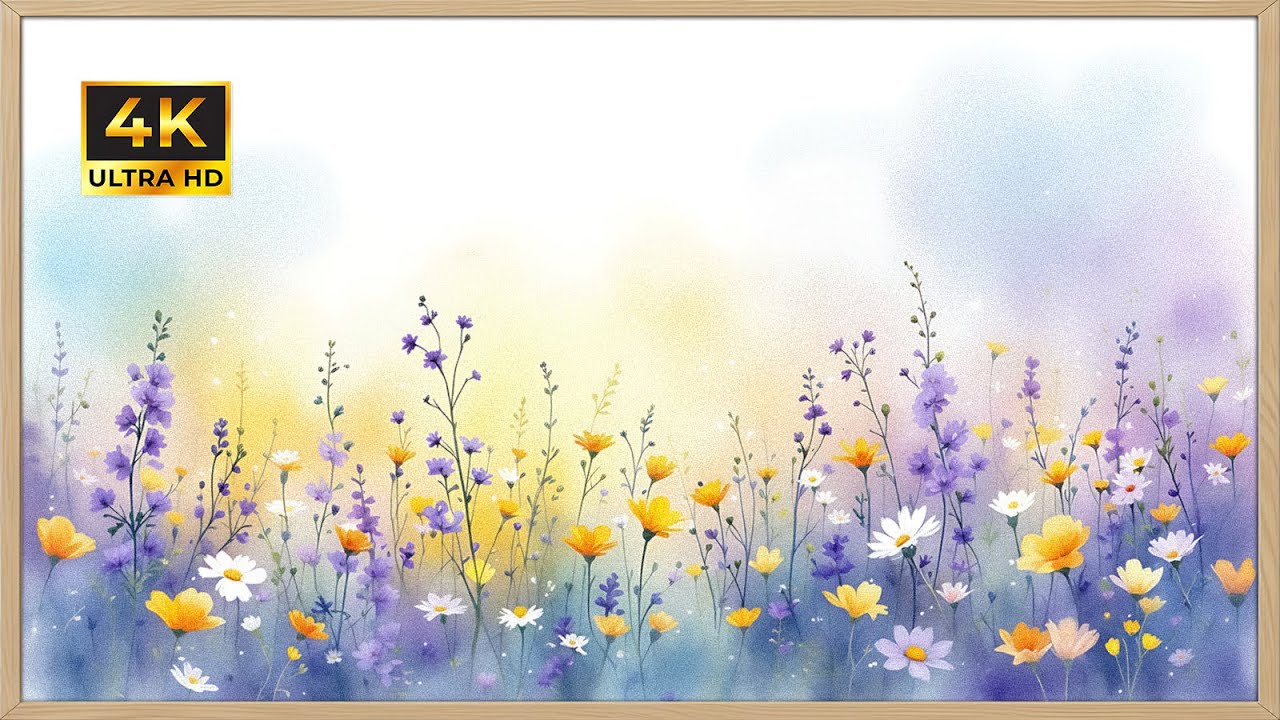Dreamy Wildflower Horizon Glow | Gold Framed 4K Art Screensaver | Soft Pastel Meadow TV Wallpaper
